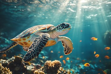 Obraz premium A sea turtle swims gracefully through a vibrant coral reef, sunlight streaming down from above.