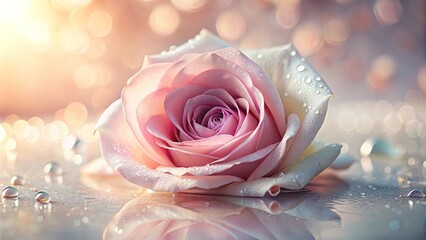 A single pink rose, glistening with dew, reflects the warmth of the sun in a pool of light