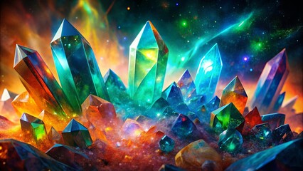 Obraz premium A Cosmic Symphony of Crystaline Prisms, Gleaming With Ethereal Hues and Embracing a Galaxy of Stars