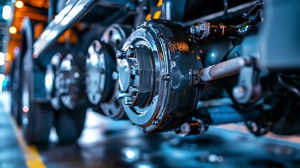 Fototapeta premium Detailed close up of a bus front axle and suspension system