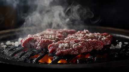 Grilled steak sizzling, dark background