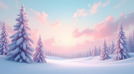 Naklejka premium Serene Winter Sunrise: Snow-covered pines bathe in soft, pink light.