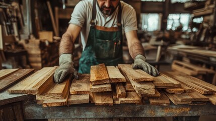 Carpenter working with wood in workshop.