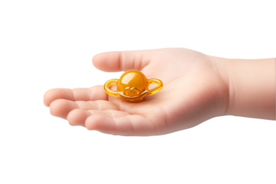 Child's hand holding a pacifier, isolated background transparent background