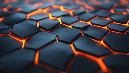 Obraz premium Abstract textured surface with glowing orange lines and dark hexagonal tiles, ideal for backgrounds.