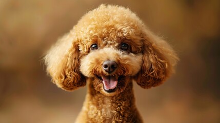 A small brown poodle smiles happily with its tongue sticking out.