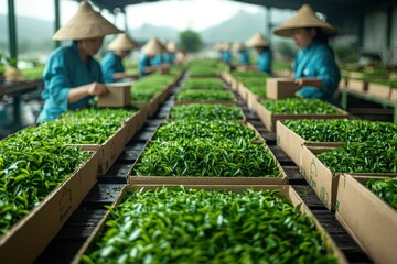 Workers in Conical Hats Sorting Fresh Tea Leaves in Cardboard Boxes