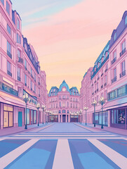 Whimsical Gouache Art of Galeries with Pastel Sky and Colorful Cartoon Buildings
