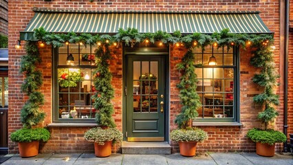 Obraz premium A brick facade with a striped awning, adorned with evergreen garlands and twinkling lights, frames a welcoming green door leading into a cozy interior.