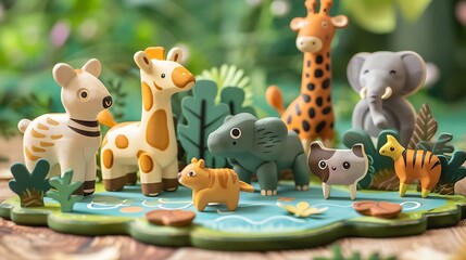 Eco friendly wooden toy animals gathered on nature inspired mat