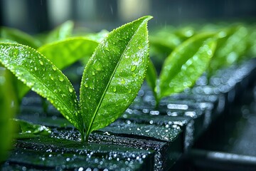 A Close-Up of a Green Tea Plant Leaf Covered in Rain Drops