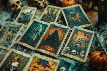 Fototapeta premium Tarot cards with Halloweenthemed illustrations, showing witches, ghosts, and bats, spread across a table covered in cobwebs and skulls