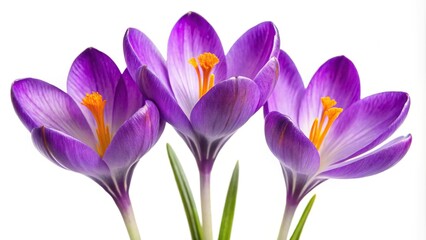 Obraz premium Three vibrant crocuses in focus against a blurred white background