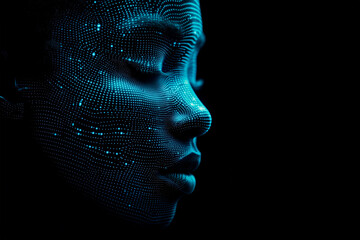 digital face scan with glowing blue lines and dots mapping facial features, symbolizing advanced biometric technology and AI recognition