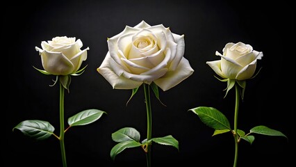 Fototapeta premium Three white roses in various stages of growth in front of a dark background panoramic