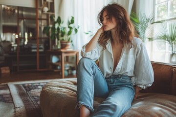 Young Woman Relaxing on Sofa at Homefitting_boyfriend_jean