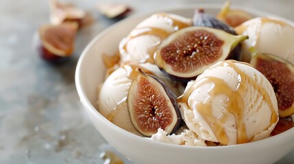 Fig and honey ice cream topped with sliced figs and honey drizzle