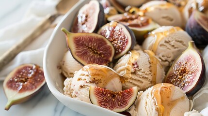 Fig and honey ice cream topped with sliced figs and honey drizzle