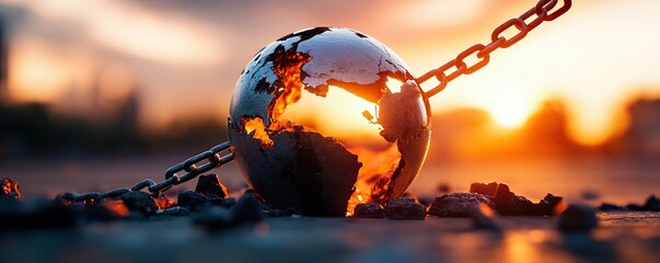Globe chained to the ground, symbolizing environmental issues and global challenges.