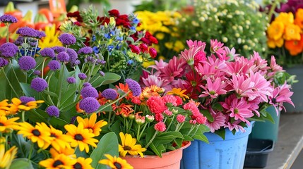 Fototapeta premium Various colorful flowers arranged in containers at a bustling spring farmers market