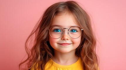 Fototapeta premium A joyful child with soft, curly hair and round glasses smiles happily while wearing a yellow shirt, set against a vibrant pink backdrop.