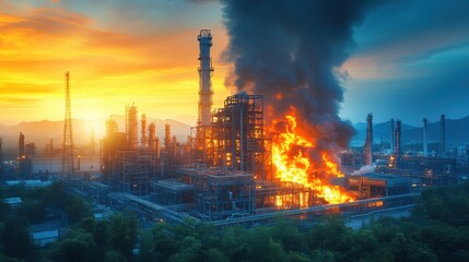 Fire engulfs industrial plant for hydrogen or ammonia production during sunset in an urban industrial zone