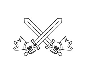 Crossed swords, hand holding sword, sword in hand. Vector line icon editable stroke. Graphic ink drawn illustration isolated  in white.