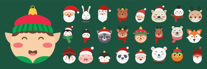 Cute Christmas Characters Including Santa, Animals, and Elves in Holiday Outfits Set Illustration