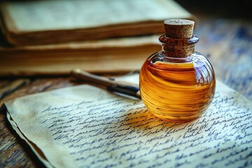 A Glass Bottle of Liquid Beside a Manuscript on a Wooden Table