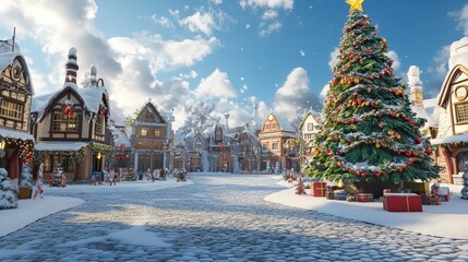 Charming Winter Village Square with Decorated Christmas Tree