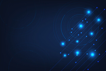 Fototapeta premium Dark blue background with circles lines and line and dot connection with light, In concept of innovation and modern.