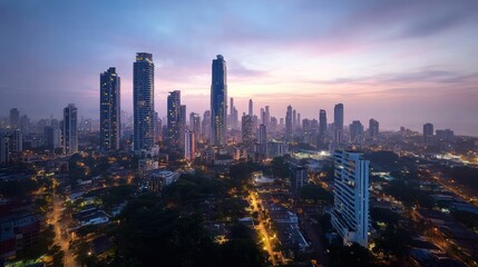 Fototapeta premium Urban Skyline with Skyscrapers at Dusk