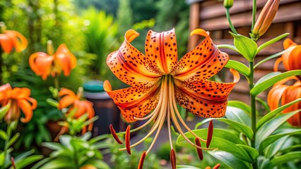 Tiger Lily Plant growing among other plants in a garden bed