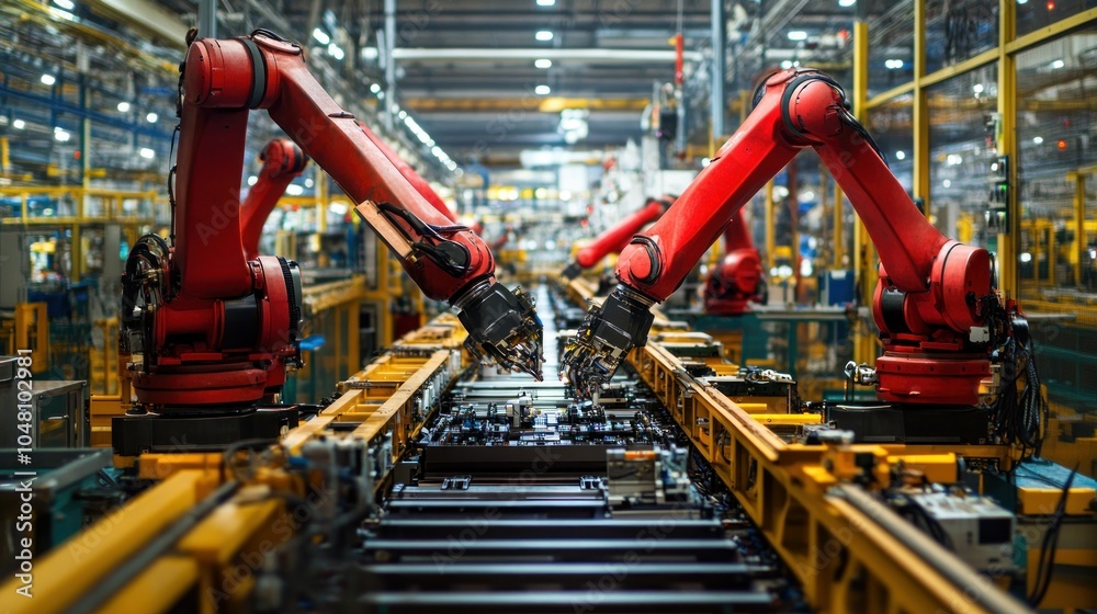 Poster Two Robotic Arms Working on an Assembly Line in a Factory
