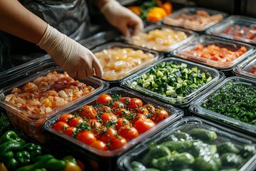 Obraz premium Gloved Hand Reaches for Prepared Salad Ingredients in Plastic Containers