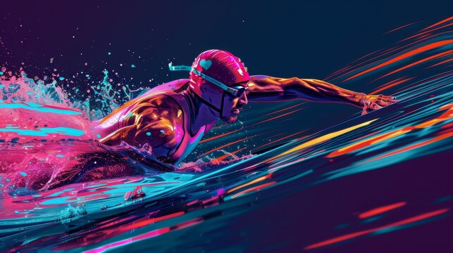 Swimmer in Motion: A vibrant, abstract image of a swimmer cutting through the water, capturing the power and energy of a competitive athlete in a colorful, dynamic composition. 