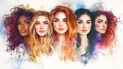 Watercolor painting of five women with different hair colors and skin tones, set against a background of colorful watercolor splatters.