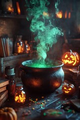 A bubbling cauldron with vibrant green smoke perched on a wooden table surrounded by glowing Jack O Lanterns and potion bottles in a witchs dimly lit lair.