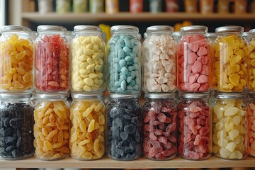 Assortment of Dried Fruit and Candies in Glass Jars