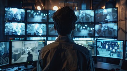 Obraz premium A Security Officer Monitoring Multiple Screens in a Surveillance Room
