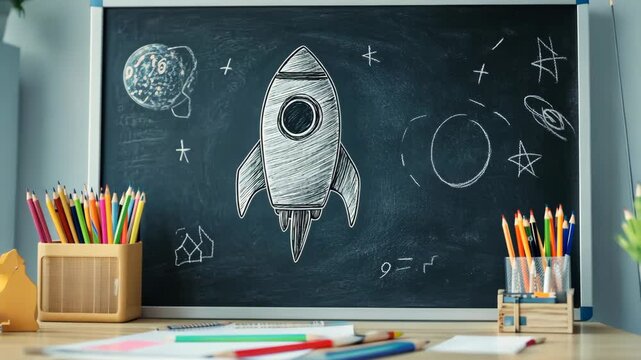 A simple drawing of a rocket ship on a chalkboard, surrounded by planets, stars, and other doodles