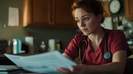 A focused female nurse in scrubs reviews important medical documents in a dimly lit hospital room, conveying dedication and concern for patient care.