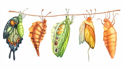 Obraz premium Chrysalis graphic featuring an intricate life cycle illustration on a white background, ideal for educational and design applications.