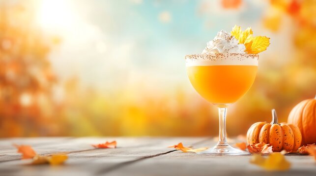 Pumpkin spice cocktail with whipped cream on wooden table with fall leaves. - Powered by Adobe