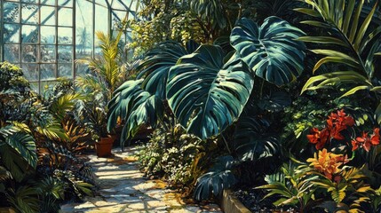 Fototapeta premium A lush tropical plant with large green leaves, set in a greenhouse surrounded by other exotic botanicals and vibrant foliage