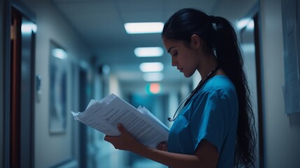 A focused nurse in scrubs examines patient files under dim hallway lights in a modern hospital, reflecting the dedication of healthcare professionals at night.