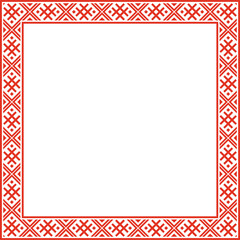 Vector red green square belarusian national ornament frame. Ethnic pattern rectangle of Slavic peoples, Russian, Ukrainian, Serb, Pole, Bulgarian. Cross stitch template