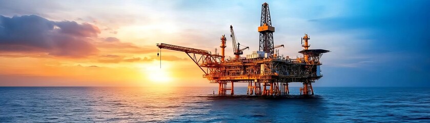 Fototapeta premium Offshore platform with cranes in motion, mechanical equipment working seamlessly, bright sky, deep blue waters, professional and balanced composition