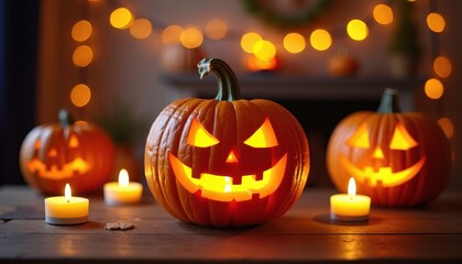 Pumpkin carving process by candlelight with Halloween-themed decorations in the background creating a spooky and festive vibe.