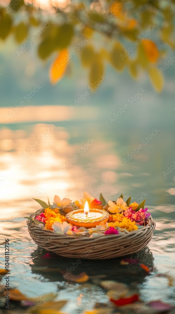 Wall mural an empty scene featuring blank mockup template of a glowing diya placed carefully in a small wicker 
